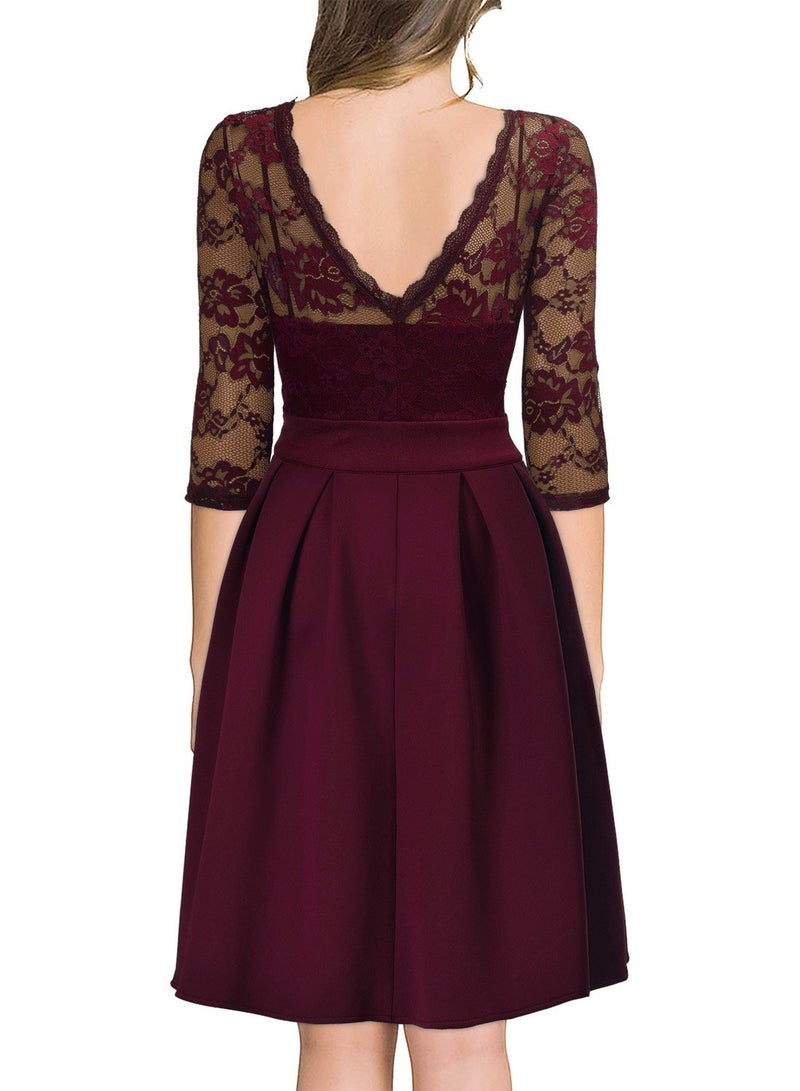 Miusol Women's Vintage Floral Lace 2/3 Sleeve Bridesmaid Party Dress, Wine, X-Large - Image 2